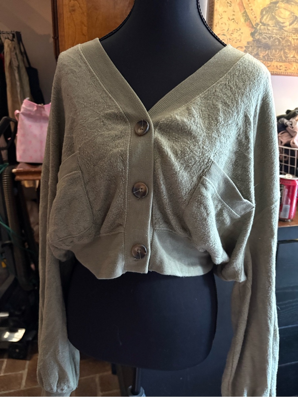 Urban Outfitters Olive Green V-Neck Button Front Cropped Sweater